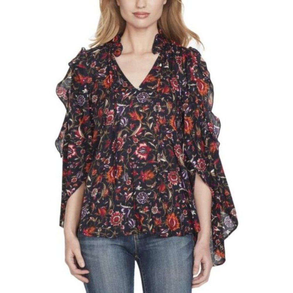 Jessica Simpson Floral Cold Shoulder Ruffle Bell-sleeve Top XS